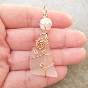 Wire Wrapped Tumbled Glass & Fire Agate Pendant! Unique One-of-a-kind